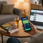 Engaged user exploring the FIVE88 betting app on smartphone while enjoying responsible gaming at home.