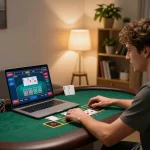 Player immersed in an onbet live blackjack game on a laptop, showing intense gameplay.