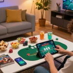 Engaging in online blackjack gaming on a tablet inspired by man88, surrounded by snacks.