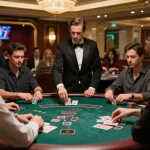KUWIN players strategically engage at a blackjack table in a vibrant casino setting.