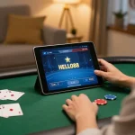 Engaged player using HELLO88 app for online poker in a cozy home setting.