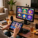 Player enjoying OnBet's online slot games in a cozy living room setting with warm lighting.