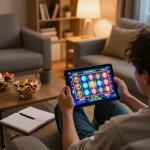 Player enjoying online gaming at lv88nyc on a tablet with vibrant slot game interface