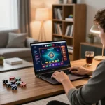 Engaging in online gambling at V9BET, showcasing a vibrant gaming screen and relaxed atmosphere.