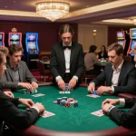 Players engaging in strategic gameplay at SC88’s high-stakes poker table, vibrant atmosphere and elegant decor.