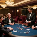MAY88 VIP gaming experience showcasing exclusive poker table with engaged players and attentive dealer.