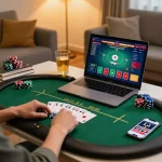 Player enjoying a strategic game on sunwingo laptop, chips and cards displayed in a cozy home setting.