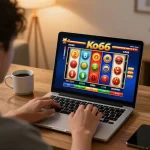 Player engaging in Ko66 online casino gaming on a laptop, showcasing colorful slot game excitement.