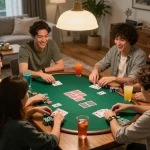 Friends playing poker at home in a cozy setting with exciting atmosphere, showcasing u888 gaming.