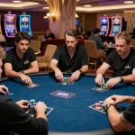 Players engaging in high-stakes poker at KO66 casino, showcasing intense gameplay and strategy.