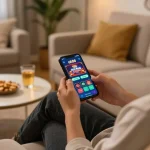 Player enjoying the uk88 casino app on smartphone while relaxing at home, showcasing engaging online gambling experience
