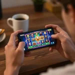 Player enjoying EK333 slot game on smartphone with vibrant graphics and cozy atmosphere