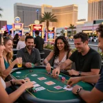 Friends celebrating small wins while betting on the terrace in a Casino C168 atmosphere