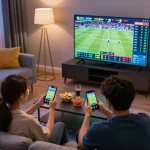 Engaged players at ta88 celebrating online sports betting wins in a cozy living room