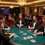 Engaging poker players at upscale casino with 79king, showcasing strategy and luxury atmosphere.