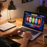 Gamer engaging with the DN888 online casino platform on a laptop, showcasing vibrant graphics and game strategies.