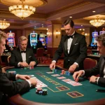Players enjoying a strategic blackjack game at BL555 with a professional dealer in a vibrant casino