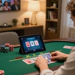 Player experiencing LV88 live dealer blackjack game, showing excitement and focus in a cozy home setting.