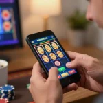 Engaging user playing sumclub on mobile app, vibrant slot graphics visible, cozy home atmosphere.