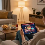 Dabet player enjoying strategic online poker game on tablet in cozy living room setting