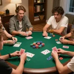 Friends enjoying a poker night with strategic gameplay at home using sunwin gaming strategies.