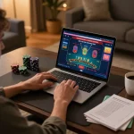 Engaging with vip79 online blackjack on a cozy home desk setup, highlighting dynamic gameplay.
