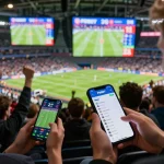 Engaged fans using the F8BET app to place bets during live sports events, capturing excitement and action