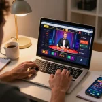 Player enjoying live dealer games on O8 platform with strategic betting notes in cozy home setting.