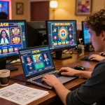 Engaged player enjoying a Slot Gacor game on a laptop in an inviting online casino environment.