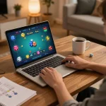 Player engaged in Tai Xiu online game on laptop at home, showcasing excitement and strategy.