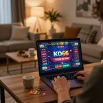Player online at KO66 casino, engaging with vibrant game interface in a cozy home setting