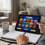 Engaging TG88 casino app gameplay on a tablet, highlighting strategic betting in a cozy home setting.