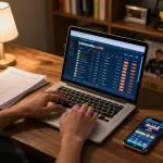 Engaged user betting on tylekeonhacai88 platform, surrounded by betting notes and sports memorabilia.