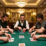 Good88 professional poker players strategizing their bets at an upscale casino table.