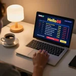 Hello88 casino online gaming scene with a player using a laptop and strategic notes.