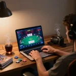 Player engaging in a poker game on 577F platform in a cozy gaming setup, emphasizing excitement and strategic gameplay.