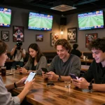 Engaged fans placing bets on 789bet app at a sports bar, surrounded by live games.
