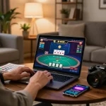 Player strategizing on 789win's online casino platform in a stylish home setup.