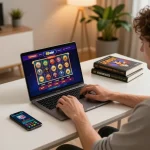Player engaging with the 68win online casino platform on a laptop, emphasizing responsible gaming.
