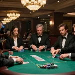 Players in a luxurious casino engaging in strategy at the LC88 poker table with chips stacked visibly
