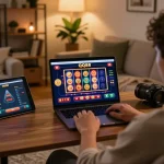 Play QQ88 on a stylish laptop in a cozy home setup, focusing on responsible online gaming.