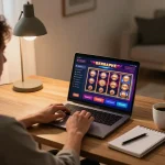 Logging in to fun79 through a laptop at home, showing vibrant online casino games and warm ambiance.