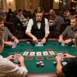 Players strategizing their bets at 33win baccarat table, excitement visible amidst chips and cards.