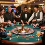 Players spinning the roulette wheel at ALO8 casino, capturing excitement and luxury atmosphere.