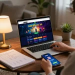 Simplifying sports betting with SIN88 app, a player engages in online gaming from home while reviewing strategic notes.
