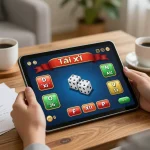 Engaged in tài xỉu online uy tín gameplay on tablet in cozy home setting, showcasing betting strategy notes