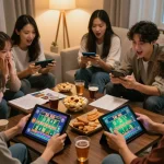 Friends enjoying a fun Tài Xỉu online game together, showcasing cooperation and strategy.