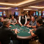 BL555 gaming experience at a vibrant blackjack table with players and dealers in action.
