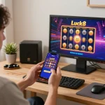 Player enjoying a winning moment on the Luck8 mobile casino app, showcasing vibrant slot visuals and home comfort