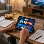 Engaging gameplay on iwin casino app at home, showcasing tablet, strategy notes, and cozy ambiance.